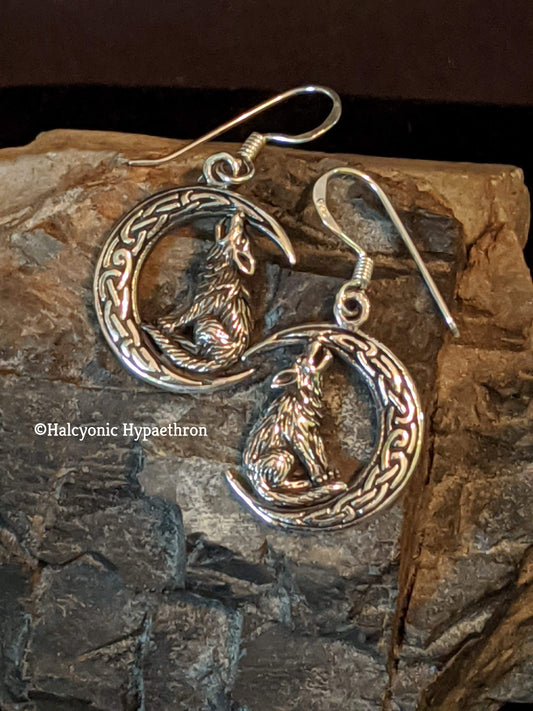 .925 Silver Wolf with Crescent Moon Earrings