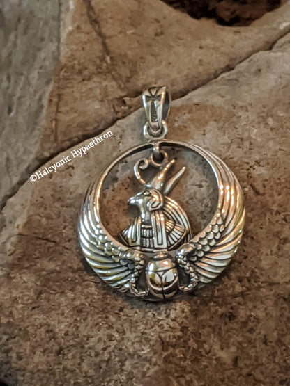 925 Sterling Silver Egyptian Falcon God Horus with Ankh Scarab Wings Pendant
