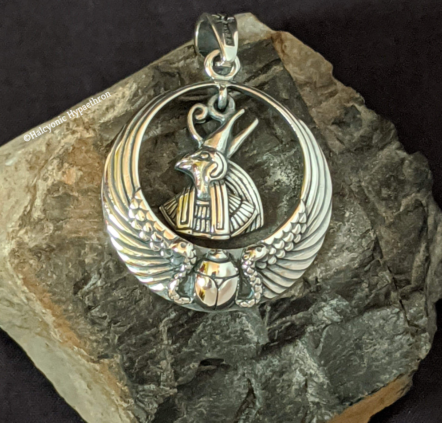 925 Sterling Silver Egyptian Falcon God Horus with Ankh Scarab Wings Pendant