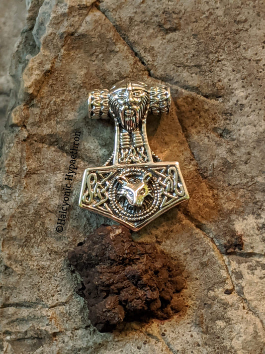 925 Sterling Silver Viking Wolf Thor Hammer Mjolnir Pendant