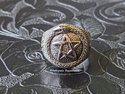 925 Sterling Silver Ouroboros Pentagram Ring