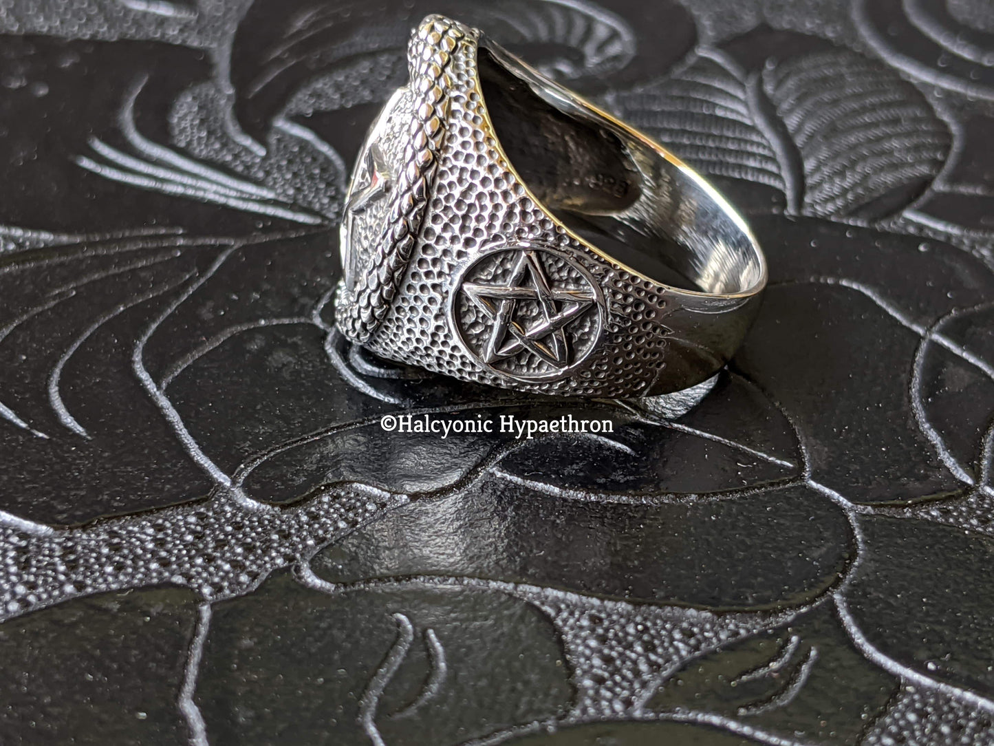 925 Sterling Silver Ouroboros Pentagram Ring